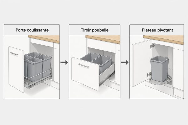 Rangement poubelle cuisine : illustration étape par étape d’un système coulissant sous évier avec porte, tiroir et plateau pivotant pour poubelle discrète.