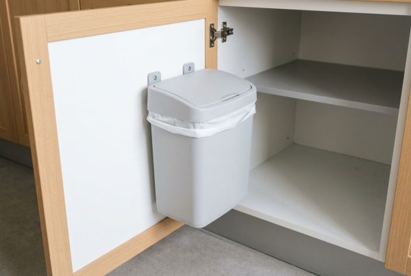 Poubelle de cuisine fixée sous l’évier dans un meuble, avec couvercle gris et sac poubelle, près d’étagères ouvertes. Relève le thème du rangement poubelle cuisine.