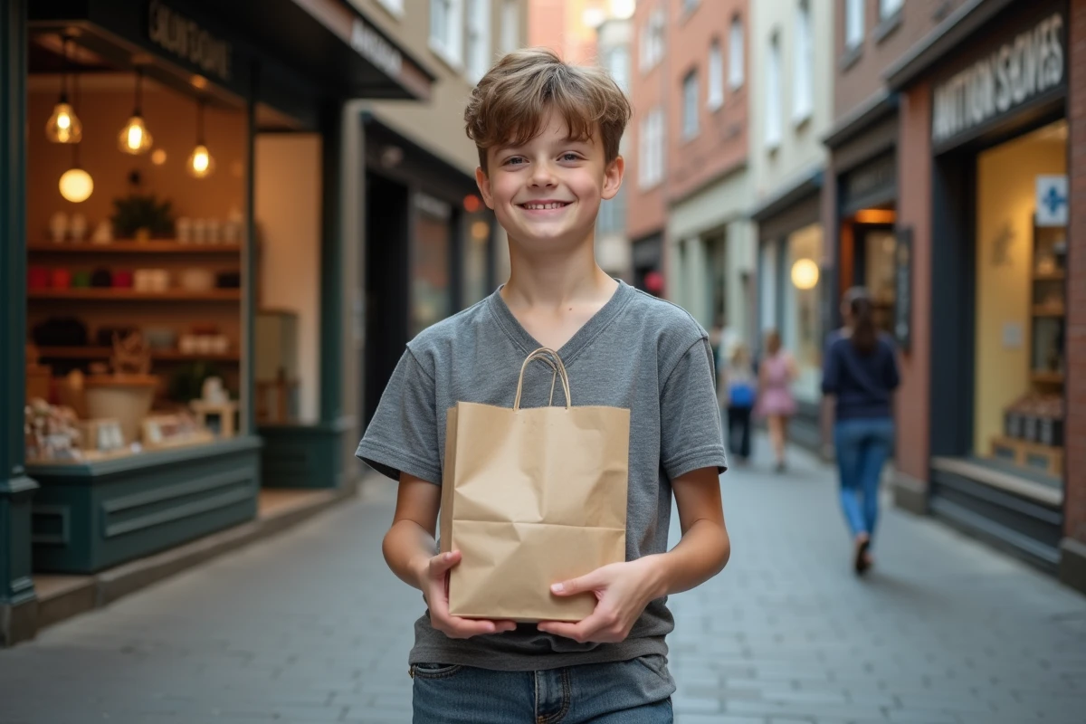 Adolescent souriant présentant un sac cadeau en papier dans la rue