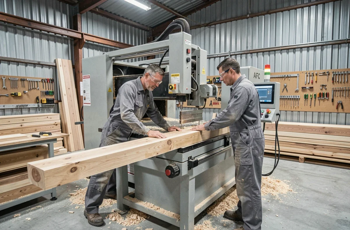 Deux menuisiers AFC Menuiserie travaillant sur une machine CNC dans l'atelier de fabrication près d'Orléans