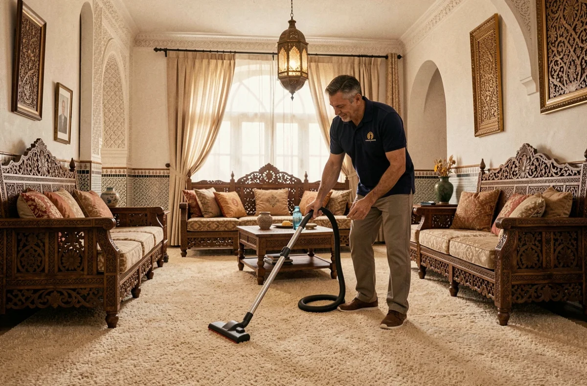 Agent de nettoyage masculin passant l'aspirateur dans un salon marocain traditionnel avec mobilier en bois sculpté à Casablanca