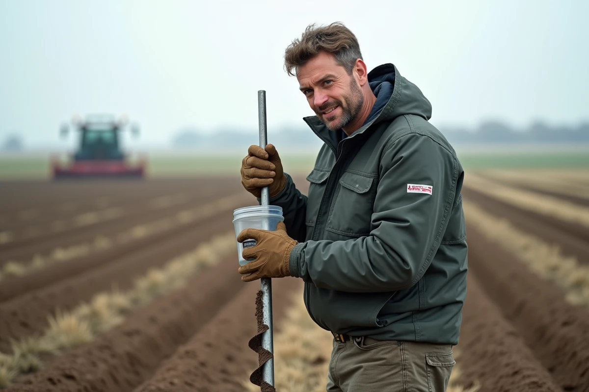 Agronome professionnel prélevant un échantillon de sol dans un champ agricole