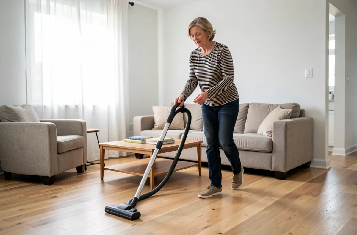 Aide ménagère passant l'aspirateur dans un salon résidentiel, représentant le travail au domicile d'un particulier employeur en CESU