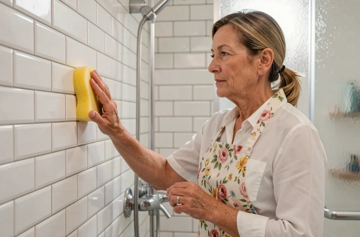 Aide ménagère récurant les carrelages d'une salle de bain dans un logement à Dijon