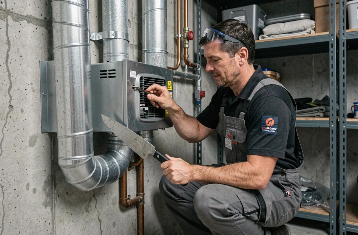 Technicien AMD Ventilation raccordant une unité de ventilation et récupération de chaleur dans un local technique