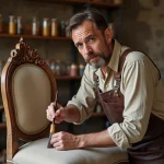 Antiquaire restaurateur à Caen appliquant une teinte sur un fauteuil ancien en noyer sculpté dans un atelier artisanal