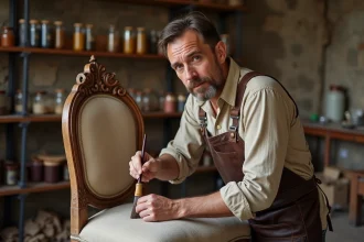 Antiquaire restaurateur à Caen appliquant une teinte sur un fauteuil ancien en noyer sculpté dans un atelier artisanal