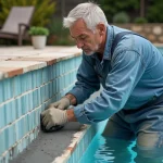 Professionnel appliquant un joint époxy sur des joints existants de piscine carrelée avec une taloche en caoutchouc