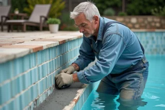 Professionnel appliquant un joint époxy sur des joints existants de piscine carrelée avec une taloche en caoutchouc
