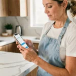 Femme utilisant une application mobile pour réserver une femme de ménage dans une cuisine moderne