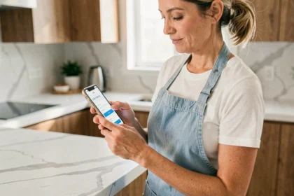 Femme utilisant une application mobile pour réserver une femme de ménage dans une cuisine moderne