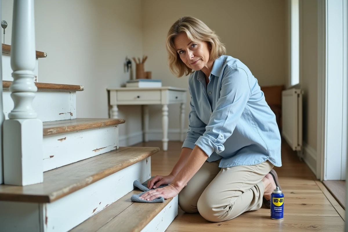 Femme essuyant l'excès de WD-40 sur un escalier en bois peint après avoir traité les marches qui grincent