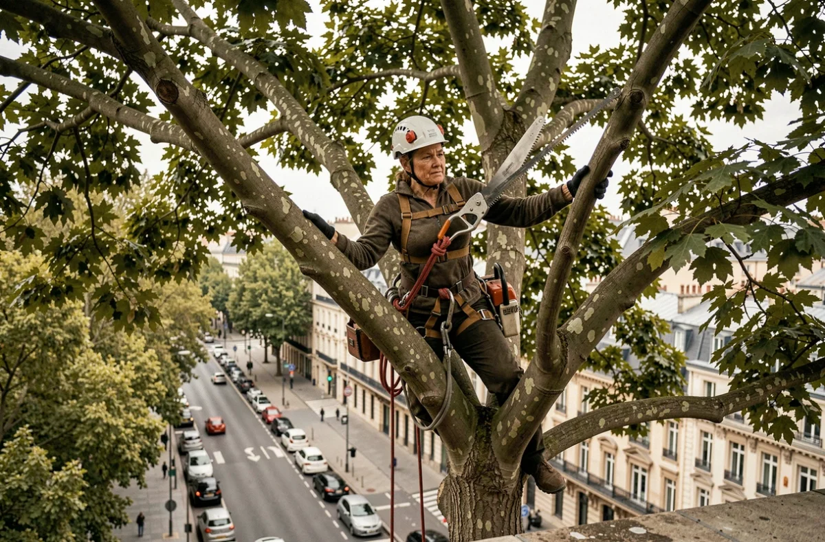 Arboriste femme en hauteur dans un platane urbain réalisant un élagage avant devis sur boulevard citadin