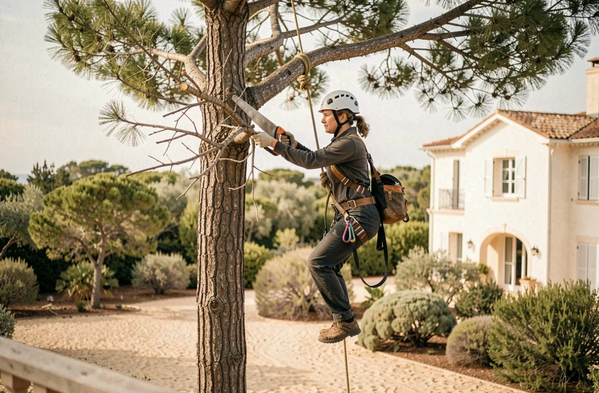Arboriste femme en hauteur sur un pin maritime dans un jardin côtier du sud-ouest de la France
