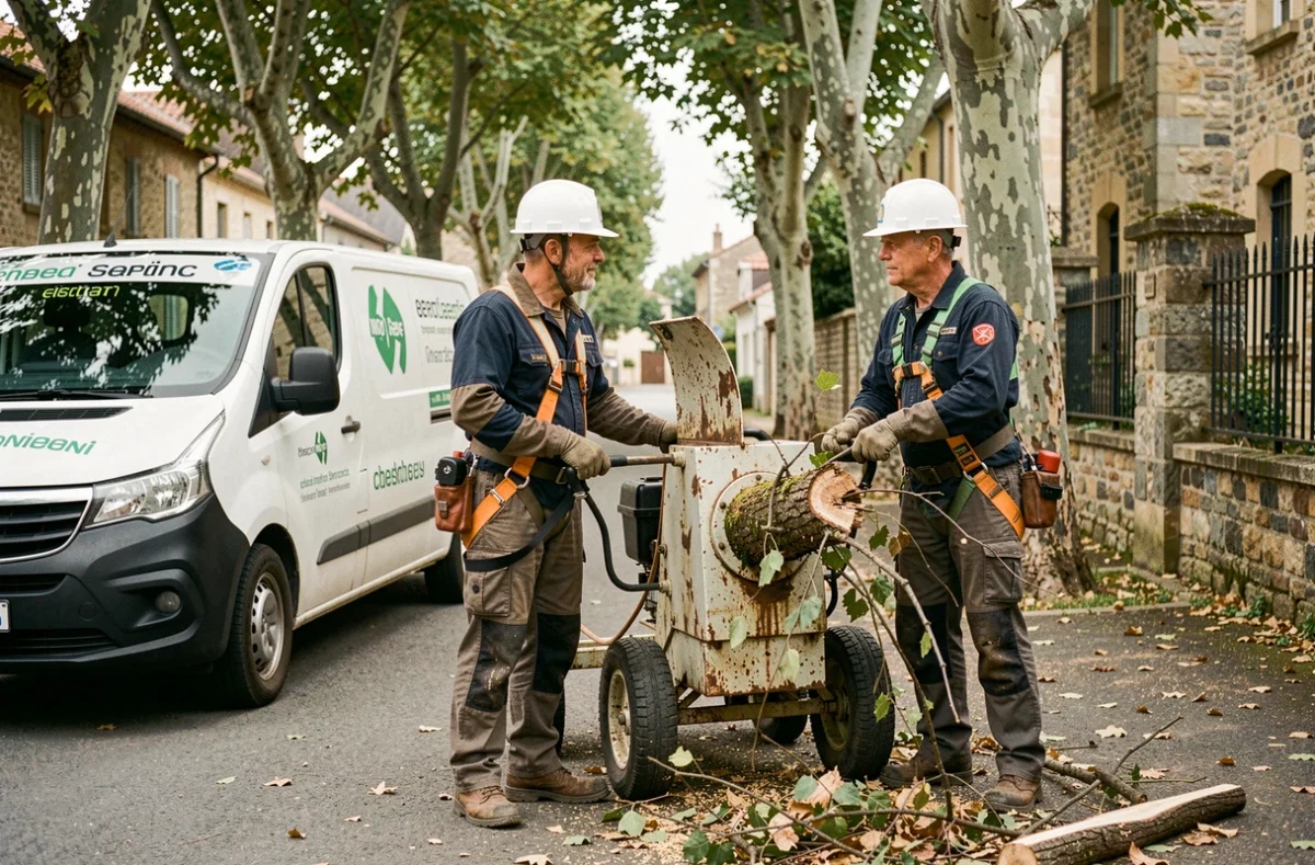 Deux arboristes utilisant un broyeur de branches professionnel dans une rue de village français