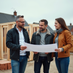 Architecte et couple sur chantier de maison en construction