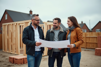 Architecte et couple sur chantier de maison en construction