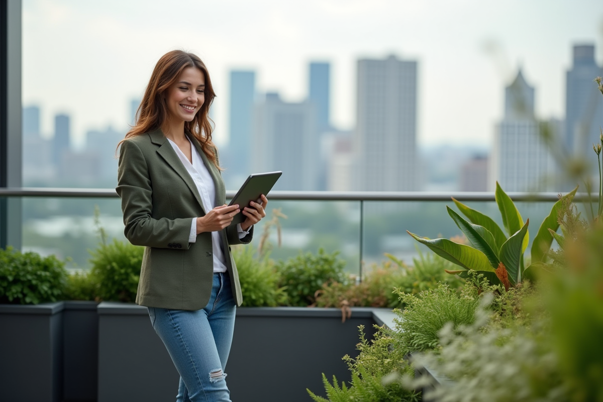 Jeune femme architecte regarde jardin sur toit