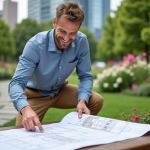 Paysagiste homme examine plans dans parc urbain