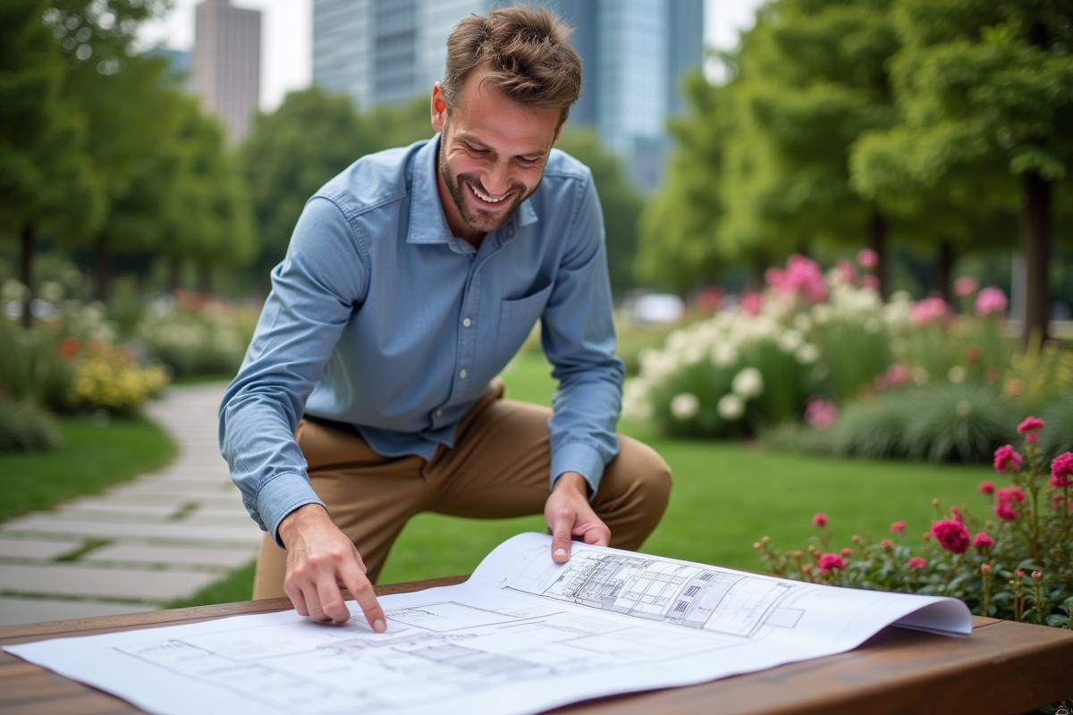 Paysagiste homme examine plans dans parc urbain