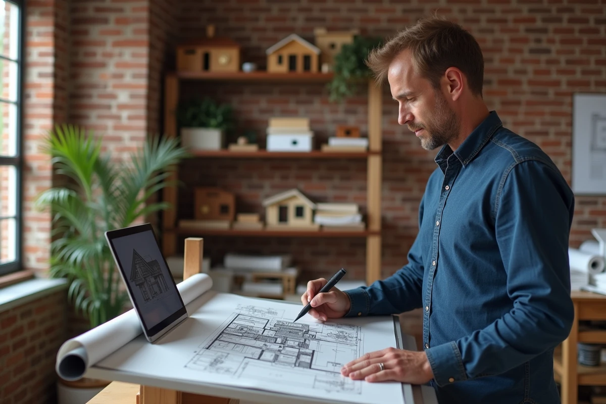 Architecte masculin travaillant sur un logiciel d'architecture 3D gratuit dans un studio professionnel avec tablette graphique et plans imprimés