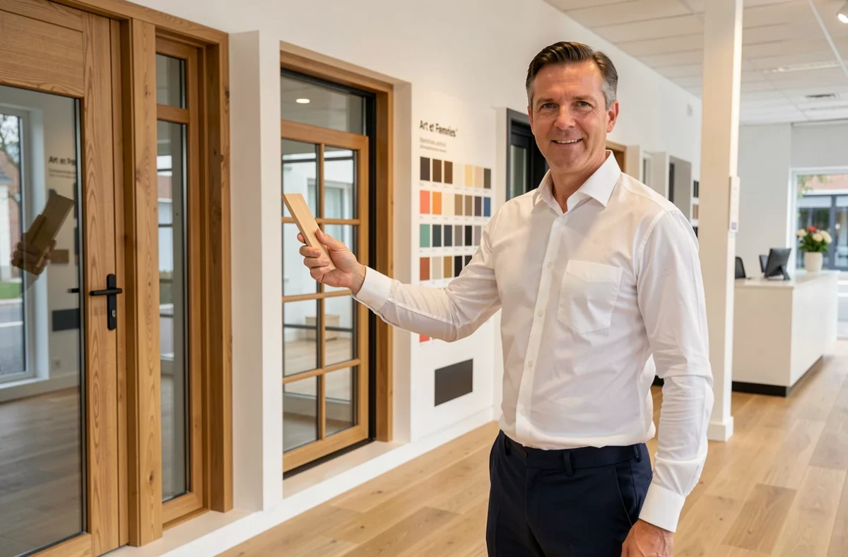 Conseiller Art et Fenêtres présentant des menuiseries bois dans le showroom d'Orléans