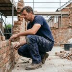 Artisan du bâtiment en pantalon de travail cargo bleu marine accroupi sur un chantier de rénovation