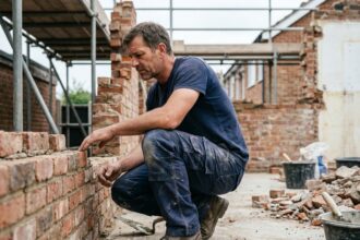 Artisan du bâtiment en pantalon de travail cargo bleu marine accroupi sur un chantier de rénovation