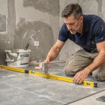 Artisan carreleur posant des carreaux en grès cérame dans une salle de bain en rénovation