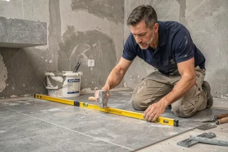 Artisan carreleur posant des carreaux en grès cérame dans une salle de bain en rénovation