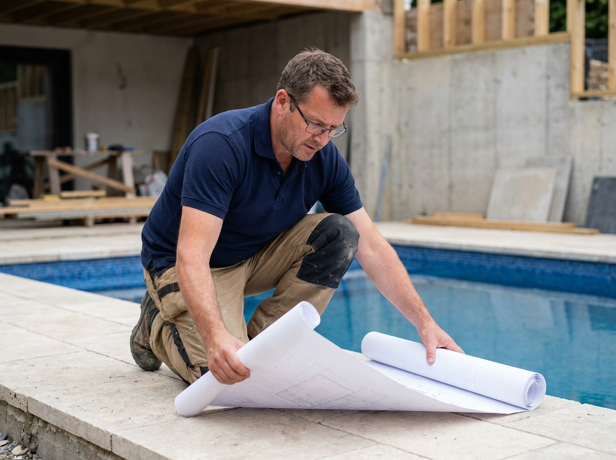 Artisan spécialisé dans la construction de piscines sur mesure étudiant les plans techniques sur chantier