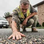 Artisan inspectant la texture d'un enrobé drainant posé sur une allée résidentielle
