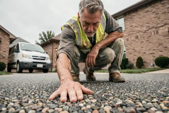 Artisan inspectant la texture d'un enrobé drainant posé sur une allée résidentielle