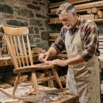 Artisan québécois en tablier de toile ponçant une chaise berçante en érable massif dans un atelier de menuiserie traditionnel