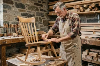 Artisan québécois en tablier de toile ponçant une chaise berçante en érable massif dans un atelier de menuiserie traditionnel