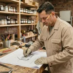 Artisan masculin d'une quarantaine d'années étudiant un plan de rénovation dans un atelier organisé, préparant sereinement des travaux en 2026