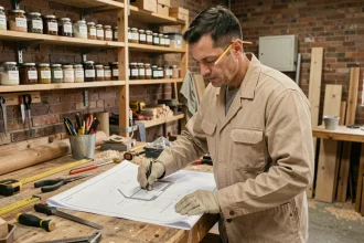 Artisan masculin d'une quarantaine d'années étudiant un plan de rénovation dans un atelier organisé, préparant sereinement des travaux en 2026