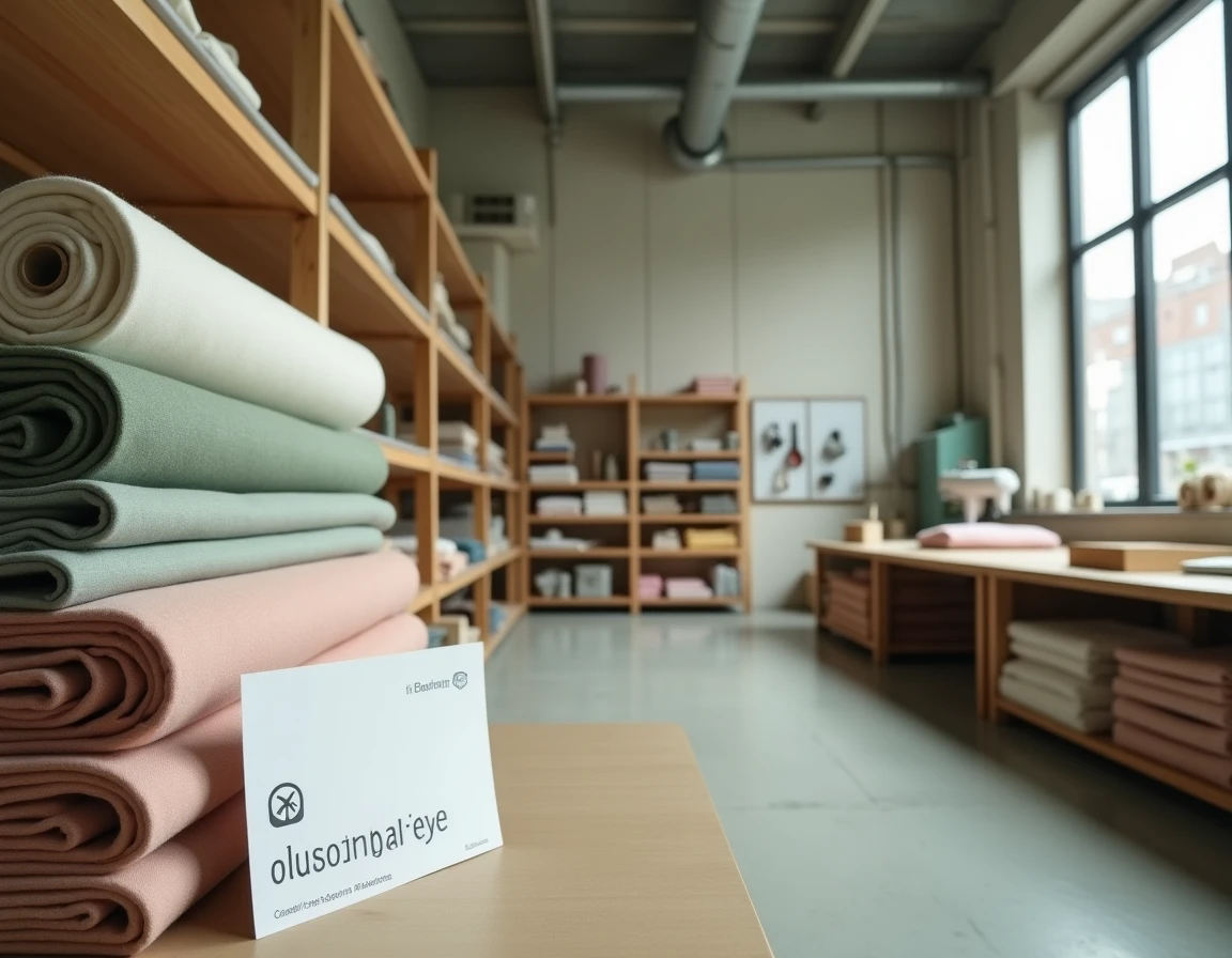 Atelier de couture avec des rouleaux de tissu coton enduit certifié Oeko-Tex rangés sur des étagères en bois