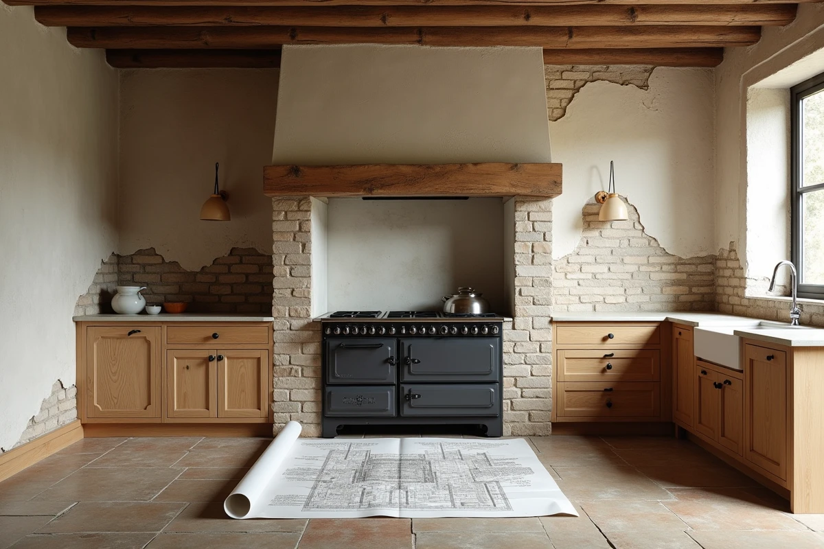 Cuisine de maison ancienne montrant le contraste avant-après d'une rénovation guidée par intelligence artificielle