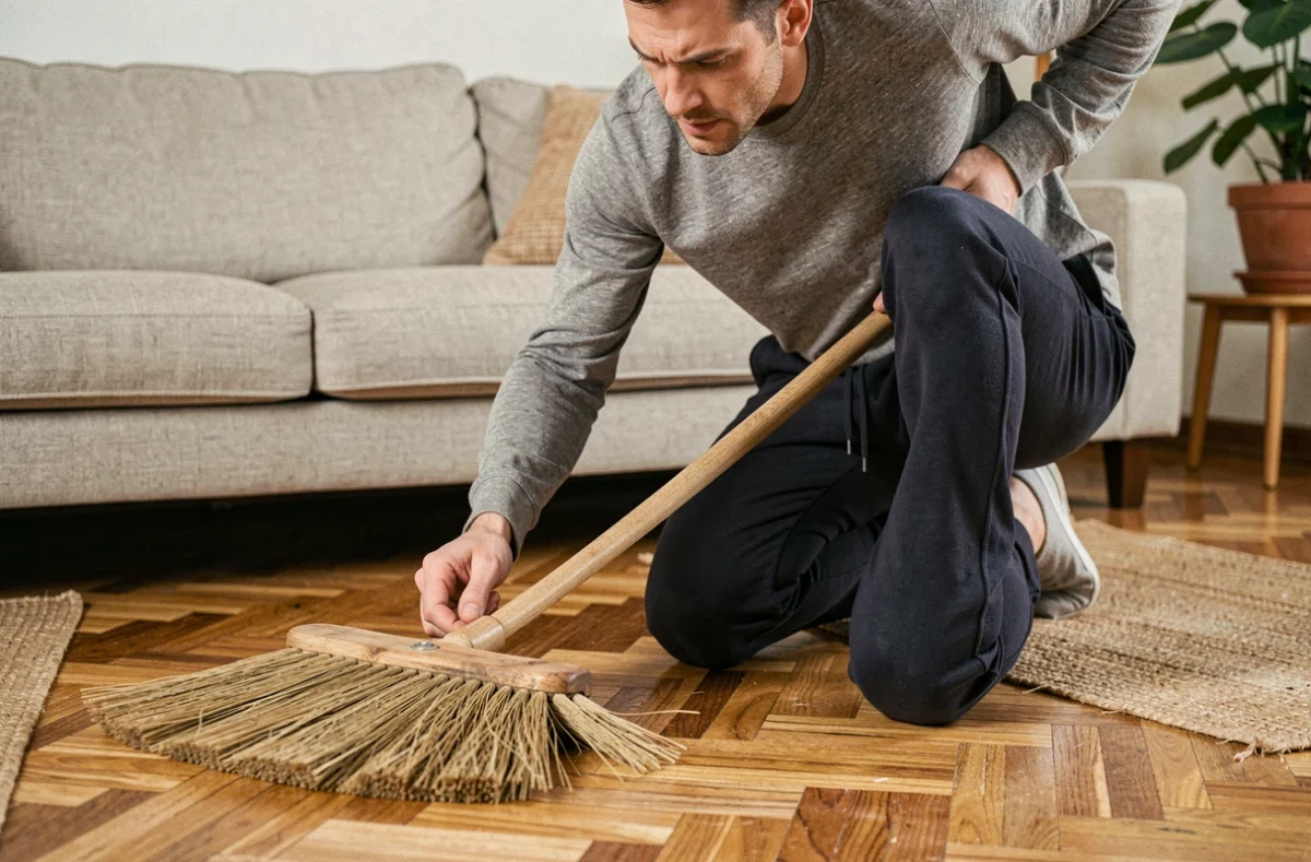Homme inspectant le résultat d'un balayage soigné sur un parquet en chevrons avec un balai à poils souples