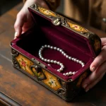 Mains féminines ouvrant une ancienne boîte à bijoux victorienne en bois avec ferrures en laiton oxydé et intérieur en velours bordeaux