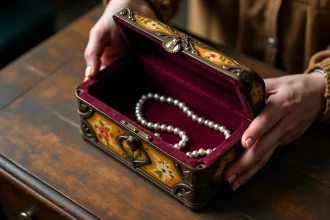 Mains féminines ouvrant une ancienne boîte à bijoux victorienne en bois avec ferrures en laiton oxydé et intérieur en velours bordeaux