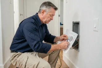 Électricien en train de réaliser le branchement d'un va-et-vient en consultant un schéma de câblage imprimé dans un couloir résidentiel