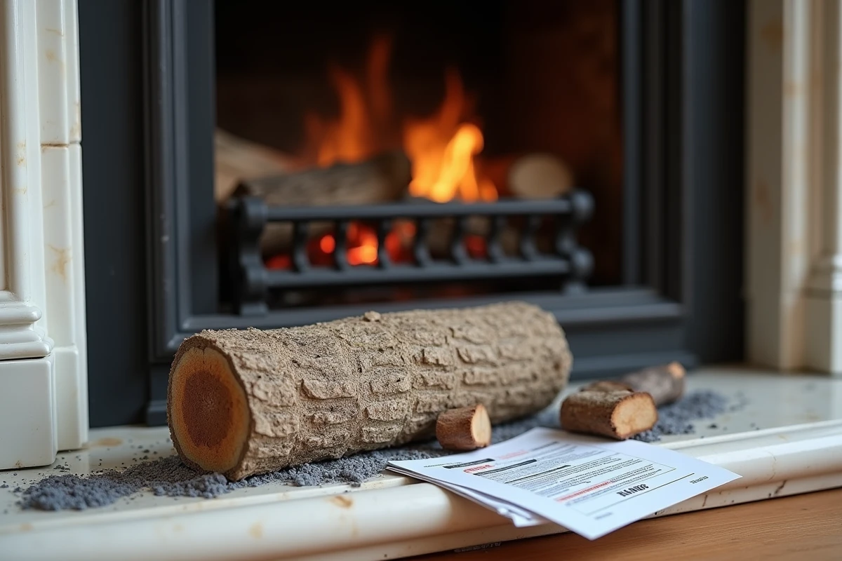 Bûche de ramonage sur grille de cheminée avec document réglementaire de conformité dans un appartement parisien