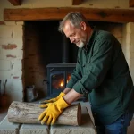 Homme utilisant une bûche de ramonage devant une cheminée en brique dans une maison de campagne française