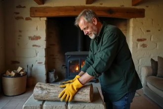 Homme utilisant une bûche de ramonage devant une cheminée en brique dans une maison de campagne française
