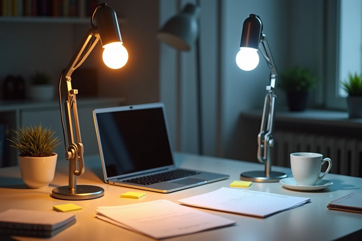 Bureau à domicile avec deux lampes à petit culot E14 illustrant la différence visuelle entre une température de couleur chaude à 2700K et froide à 5000K