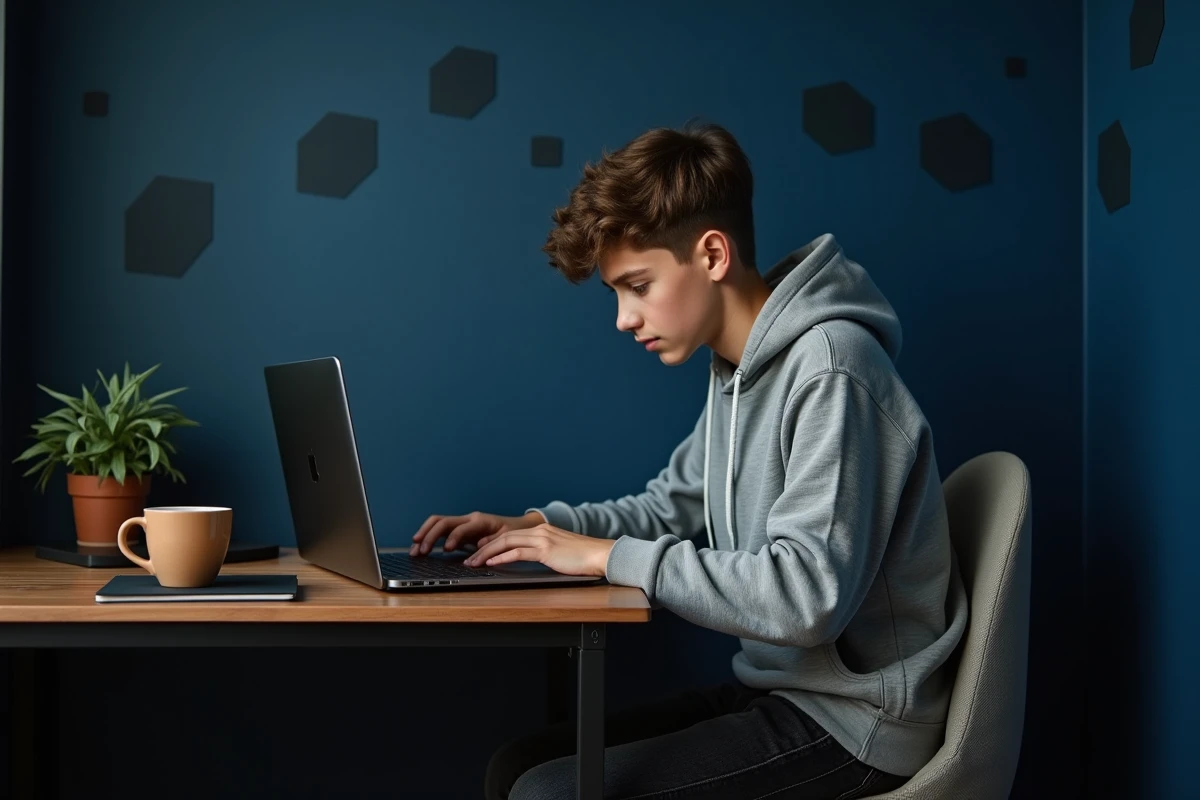 Adolescent assis à un bureau bleu nuit dans une chambre moderne avec papier peint géométrique