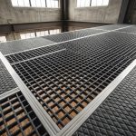 Caillebotis polyester antidérapant gris installé sur une mezzanine industrielle avec structure métallique apparente