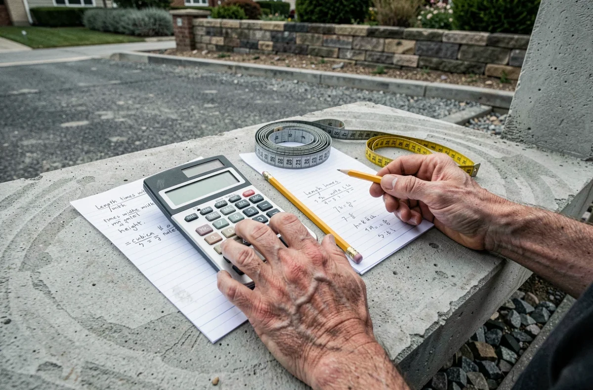 Gros plan de mains calculant le métré cube de béton avec une calculatrice et une fiche de formules sur un chantier